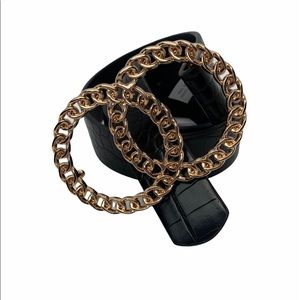 Double Circle Buckle Black Faux Leather Belt